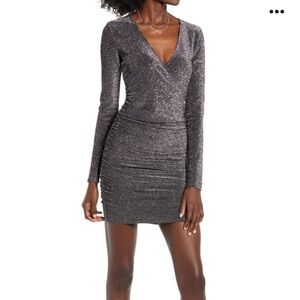 Leith Silver Metallic Ruche Long Sleeve Minidress Size Small